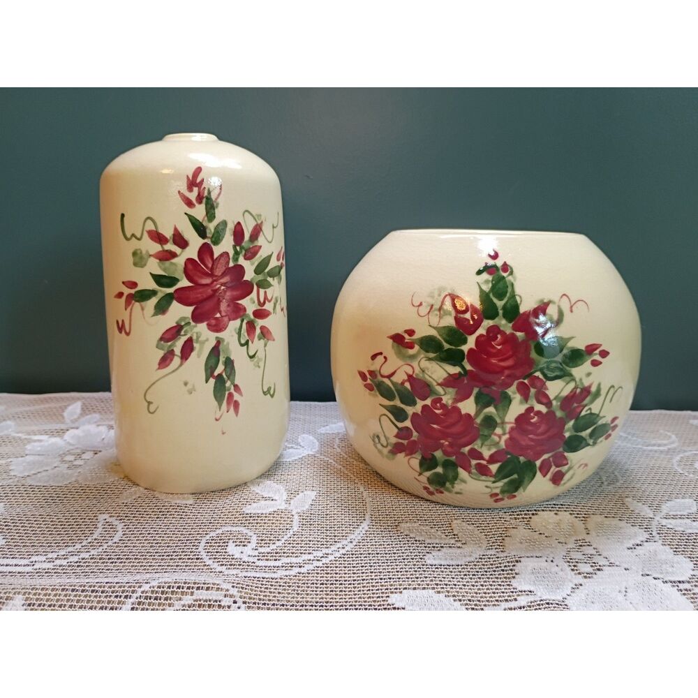 Vintage East Texas Pottery Hand-Painted Rose Ceramic Vase & Jar Set 2 Pieces